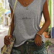 Resim Kadınlar İçin V Yaka Kısa Kollu Tişört - Yumuşak Açık Gri Kumaş, "Attitudes" Yazılı Baskı, Makinede Yıkanabilir Her Mevsim Üst, Şık ve Rahat Yazlık Moda, Yüksek Kaliteli Günlük Giyim 