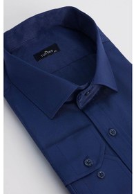 Resim Tudors Erkek Big Size Büyük Beden Pamuklu Tek Cepli Saten Lacivert Gömlek-31723-lacivert Lacivert 
