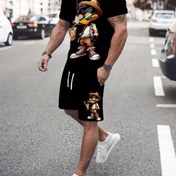 Resim Erkek Casual Kıyafeti Trendy Kısa Kollu ve Şortlu Karikatür Ördek Baskılı 