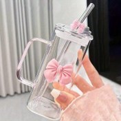 Resim 1 adet 400 ml / 14 oz Cam Su Bardağı Pipet ve Sap ile - Isıya Dayanıklı, Pembe Fiyonk Tasarımlı Şeffaf, Ev için Yeniden Kullanılabilir, Ofis, Seyahat - Sevgililer Günü, Ona Teşekkürler Hediyesi, Yeniden Kullanılabilir Su Kupası | Görsel Olarak Çekici Cam Kupa | Dekoratif Saman 