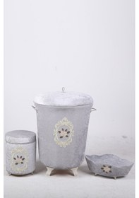 Resim Shems Gri 3'lü Çeyizlik Dantelli Banyo Kirli Çamaşır Sepeti Seti Gri 