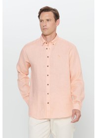 Resim AC&Co / Altınyıldız Classics Erkek Turuncu Comfort Fit Rahat Kesim %100 Keten Düğmeli Yaka Gömlek Turuncu 
