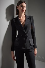 Resim Ribli Kumaş Cep Detaylı Siyah Triko Ceket 