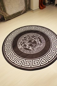 Resim Medusa Motif Yuvarlak Siyah Versace Halı - Kaymaz Taban, Makinede Yıkanabilir - 100 x 100 Cm 
