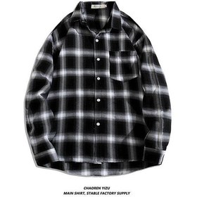Resim Siyah Japon Baggy Vintage Artı Boyutu Gömlek Adam İçin Rahat Temel Gömlek Erkekler Gevşek Ekose Uzun Kollu Gömlek Erkek Kore Gevşek Üst Rahat Gömlek 