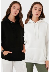 Resim Lela Regular Fit Pamuklu Kapüşonlu Yaka Şardonlu Kışlık 2'Li Paket Bayan Sweat 5863854S2 Ekru-Siyah 