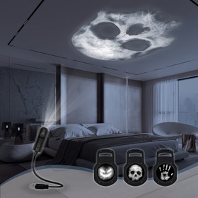 Resim Değiştirilebilir Avuç İzi ve Yüzlerle 360° Dönebilen Kafatası LED Gece Lambası - Yatak Odası, Oturma Odası, Tavan ve Duvar Atmosferi için USB ile Çalışan Cadılar Bayramı Dekoru 
