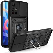 Resim Eabhulie Xiaomi Poco M4 Pro 5g Ince Kaydırmalı Kamera Kapaklı ve Halka Tutucu Standlı Sağlam Zırh Koruma Çantası Siyah (Yurt Dışından) 