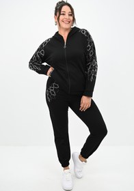 Resim Kadın Büyük Beden Kapüşonlu Taş Süsleme Detaylı Eşofman Takımı 8129-25 - 3XL / Şeker Pembe 