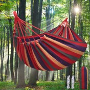 Resim 204.12KG Kapasiteli Ağır Hizmet Tipi Açık Hava Hamak Sandalyesi Sallama ile Depolama Çantası - Dayanıklı Naylon ve Polyester, Güçlendirilmiş Dikiş, Kamp, Bahçe, Patio, Bahçe, Park için Kolay Temizlenebilir, Çok Renk Seçeneği (Kırmızı, Mavi, Yeşil, Mor, Kahverengi), Kamp, Patio Rahatlatma için Hamak, Canlı Çizgili Tasarım, Kolay Temizlenebilir Kumaş, Pilsiz 