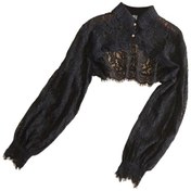 Resim Suntek Kadınlar Için Dantel Çiçek Yanlış Yaka Puf Uzun Siyah 