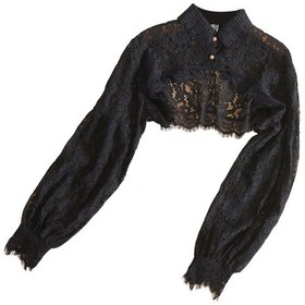 Resim Suntek Kadınlar Için Dantel Çiçek Yanlış Yaka Puf Uzun Siyah 