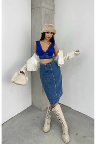 Resim KENE JEANS YÜKSEK BEL MAVİ ÖN FERMUAR DETAYLI KOT ETEK 