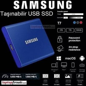 Resim Samsung T7 1TB MU-PC1T0H/WW 1050MB-1000MB/Sn USB 3.2 Gen2 Harici SSD Mavi 3 YIL Samsung TURKIYE Garantili 