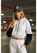 Resim Kadın Kapüşonlu Cepli Siyah-beyaz Crop Sweatshirt Beyaz 