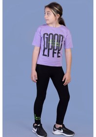 Resim Toontoy Kids Toontoy Kız Çocuk 2'li Takım Baskılı Bisiklet Yaka T-shirt & Basic Düz Tayt Lila 