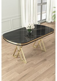 Resim Canisa Zae Serisi 90x168 Lak Panel Siyah Mermer Desen Gold Ayak Masa Takımı 6 Krem Sandalye Sonata Masa Krem Sandalye Ayaklar Gold 