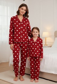Resim Free Beka Kırmızı Kalp Desenli Uzun Kollu Önden Düğmeli Gömlek Yaka Anne Kız Pijama Takımı Kombini 