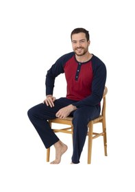 Resim Erkek Siyah 3 Düğmeli %100 Pamuk Mevsimlik Uzun Kol Cepli Pijama Takımı Kırmızı 