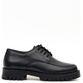 Resim Hakiki Deri Bağcıklı Kadın Loafer Ayakkabı Kalın Taban Siyah 