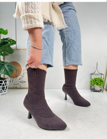 Resim Günlük Kadın Bot Yüksek İnce Topuklu Triko Esnek Sivri Burunlu Tırtıklı Taban Rahat Bootie 170 Acı Kahve 