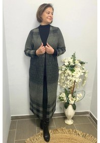 Resim Mia Butik Büyük Beden Haki Siyah Kare Desenli Uzun Hırka Haki 