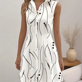 Resim Şık Kolsuz Ruched Elbise, Polka Dot & Çizgi Baskı, Düğme Önü, V-Yaka, Beyaz Siyah Detaylarla - Yaz, Yetişkin Kadın Modası, Rahat Yaz Elbisesi | Kolsuz Moda | Ruched Detayları, Sevimli Elbiseler 