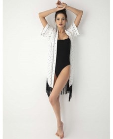 Resim Monamise Kadın Puantiye Desenli Püsküllü Kısa Kollu Kimono Çok Renkli 