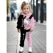 Resim Sanrio 2 parça kız seti | for Hello Kitty renk bloğu dijital baskı kapüşonlu sweatshirt pantolon sevimli cool çocuk hediyesi sonbahar kış dış mekan takım, dış mekan için mükemmel 