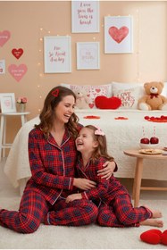 Resim rindahomewear Anne-Kız Kırmızı Ekose Desenli Örme Düğmeli Uzun Kollu Pijama Takımı 
