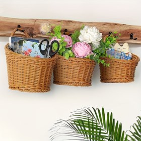 Resim 3 adet/takım (L+M+S) Taklit Rattan Duvar Depolama Sepeti, Dokuma Asılı Sepetler, Mutfak Zencefil Sarımsak Meyve Çiçek Sepeti, Duvar Asılı Eşya Konteyneri, Ev Mutfak Malzemeleri Depolama Sepetleri, Raf Sepetleri 