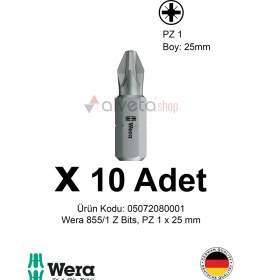 Resim Alveta Wera 855/1 Z Pz1 x 25MM Tornavida Ucu 10 Adet | Pozidriv Vidalama Bits Seti Profesyonel Seri 