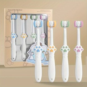 Resim Henkei 4'lü Paket Sevimli Kedi Patisi Üç Taraflı Yumuşak Kıllı Diş Fırçası, 3-12 Yaş İçin 