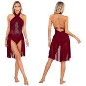 Resim Bordo Kadın Yetişkin Bale Çağdaş Dans Elbise Lirik Şifon Dökümlü Elbise Kolsuz Artistik Patinaj Jimnastik Leotard Elbise 