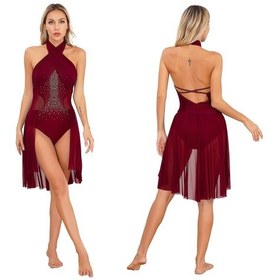 Resim Bordo Kadın Yetişkin Bale Çağdaş Dans Elbise Lirik Şifon Dökümlü Elbise Kolsuz Artistik Patinaj Jimnastik Leotard Elbise 