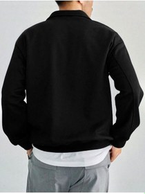 Resim Harmandar Siyah Erkek Korece Baskılı Dik Yaka Yarım Fermuarlı Düz Kazak Sweatshirt Siyahkorecedikyaka 