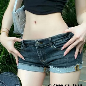 Resim Kadınlar için Seksi Düşük Bel Esnek Denim Şort - İnce Kesim Ultra-Kısa Yıpranmış Etek Detaylı Düğme Ayracı Yazlık Kıyafetler, Bahar/Yaz Modası, Bayanlar İçin Şık Silüetli Orta Esneklikte 