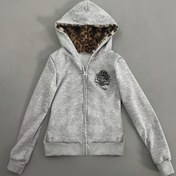 Resim Kadınlar İçin Leopar Desenli Astarlı, Uzun Kollu Fermuarlı Kapüşonlu Sweatshirt - Açık Gri, Makinede Yıkanabilir Her Mevsim Rahatlık 