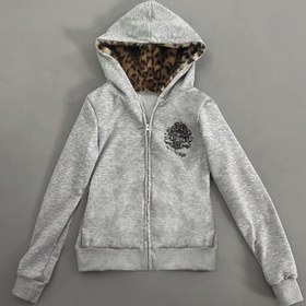 Resim Kadınlar İçin Leopar Desenli Astarlı, Uzun Kollu Fermuarlı Kapüşonlu Sweatshirt - Açık Gri, Makinede Yıkanabilir Her Mevsim Rahatlık 
