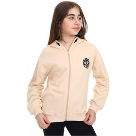 Resim Toontoy Kız Çocuk Kapüşonlu Fermuarlı Düşük Omuz Nakış Baskılı Yırtmaç Detaylı Örme Hırka - 3 İplik Şardonsuz Bej 