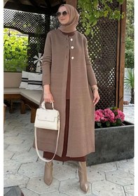 Resim Rabia Şamlı Sinem Çelik Örme Triko Hırka Sütlü Kahve Çok Renkli 