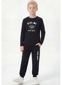 Resim Panios Kids 3'lü Yuvarlak Yaka Sweatshirt Siyah Eşofmanlı Baskı Detaylı 6 Parça Erkek Çocuk Alt Üst Takım Siyah - Turuncu 