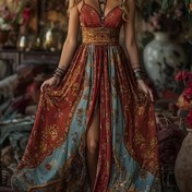 Resim Kadın Bohem Maxi Elbise - Zarif V Yaka Kolsuz Plaj Partisi & Resmi Etkinlik Elbisesi, Altın/Turkuaz/Mavi/Siyah/Beyaz/Gri Renklerde Dökümlü Abiye Elbise - Kadınlar için Hafif Yazlık Resmi & Günlük Kombinler, Tatil Kombini, Açık Sırt Tasarımı 