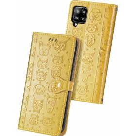 Resim Yihang Boutique Durumda Samsung Galaxy A42 5g Flip Cüzdan Kabartmalı Kapak Etui Housse Kedi Köpek Desen - Sarı (Yurt Dışından) 