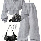 Resim Kızlar İçin Günlük Spor Kıyafet Seti: Fermuarlı Kapüşonlu Sweatshirt ve Uzun Pantolon, Sonbahar/Kış için Polar Ceketi, Dış Mekan Aktiviteleri İçin Ideal 