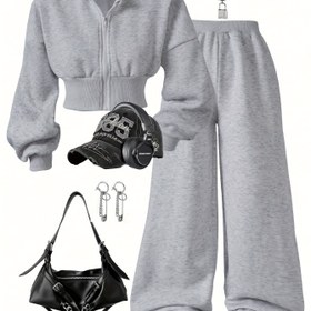 Resim Kızlar İçin Günlük Spor Kıyafet Seti: Fermuarlı Kapüşonlu Sweatshirt ve Uzun Pantolon, Sonbahar/Kış için Polar Ceketi, Dış Mekan Aktiviteleri İçin Ideal 