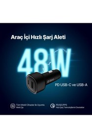 Resim Ttec Şarj Akım Korumalı 48W USB-C+USB Girişli Araç Çakmaklık Şarjı Tüm Araçlarla Uyumlu Araç Şarj 