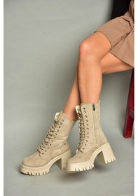 Resim Fox Shoes T973559002 Bej Süet Kalın Topuklu Kadın Postal Bot Bej 