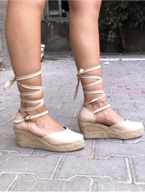 Resim Bağcıklı Kadın Dolgu Topuk Ayakkabı Bej 