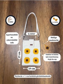 Resim Aksesuarsepeti El Yapımı Ayçiçek Desenli Motifli Astarlı Taşıma Askılı Cepli Kadın Tablet Çantası Kitap Çantası Krem 